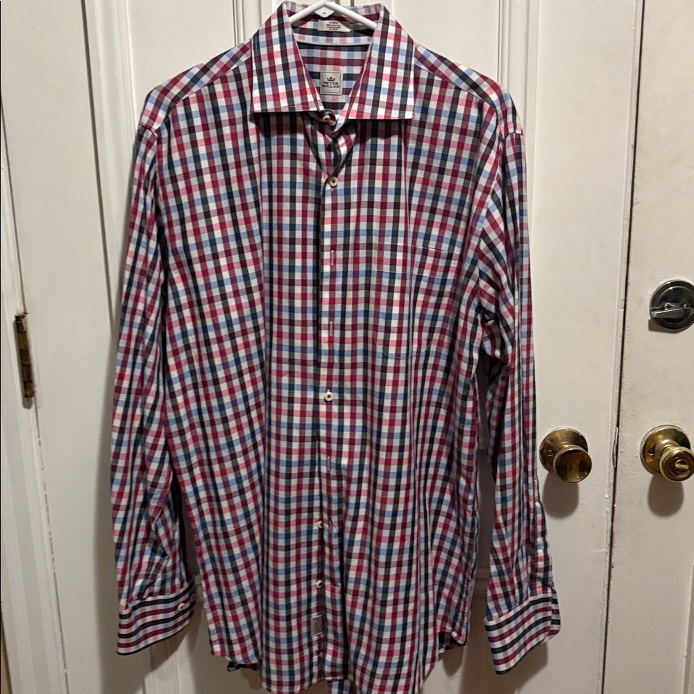 Peter Millar Shirt Men Large Pink & Blue Check Long Sleeve Button Up‎